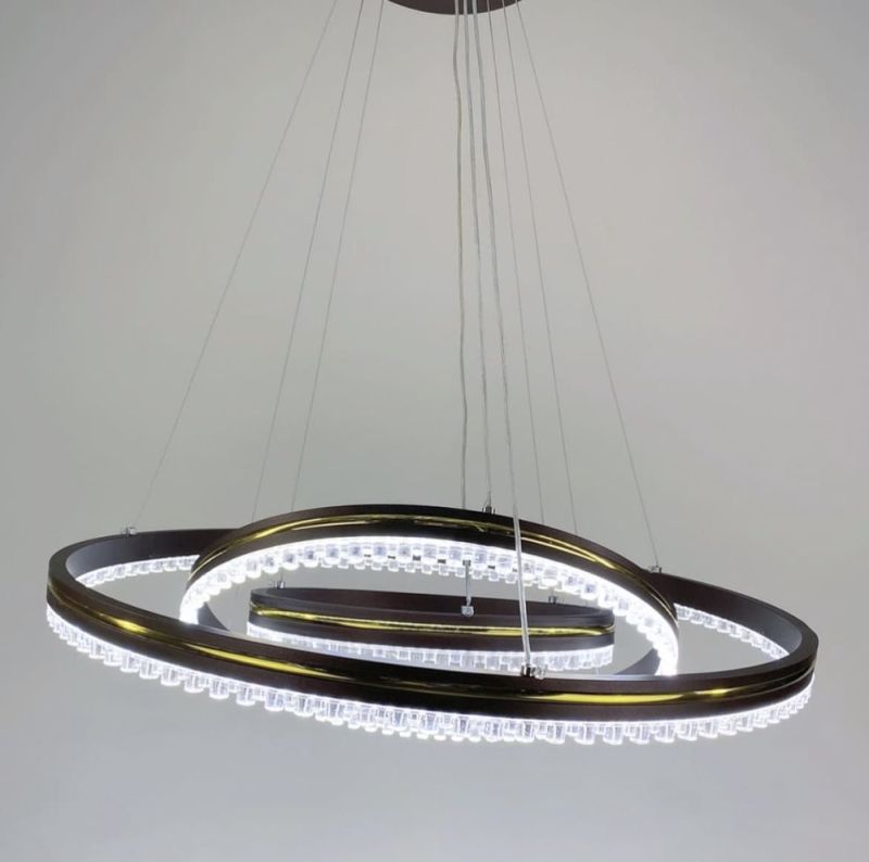 LED люстра кольору coffee на 3 кільця з золотистою смужкою