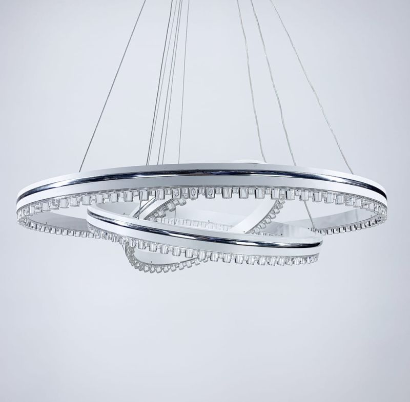 Біла LED люстра на 3 кільця з хромованою смужкою
