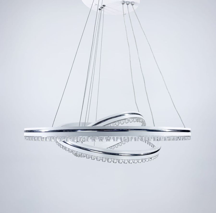 Біла LED люстра на 3 кільця з хромованою смужкою