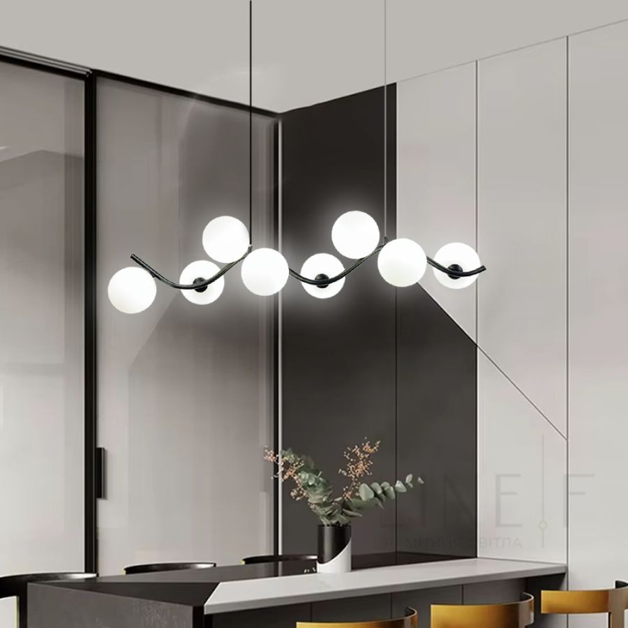 Чорна люстра з хвилястим корпусом 123 см на 8 білих плафонів 