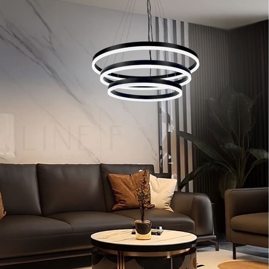 LED люстра на три кільця у чорному каркасі 60+50+40 см