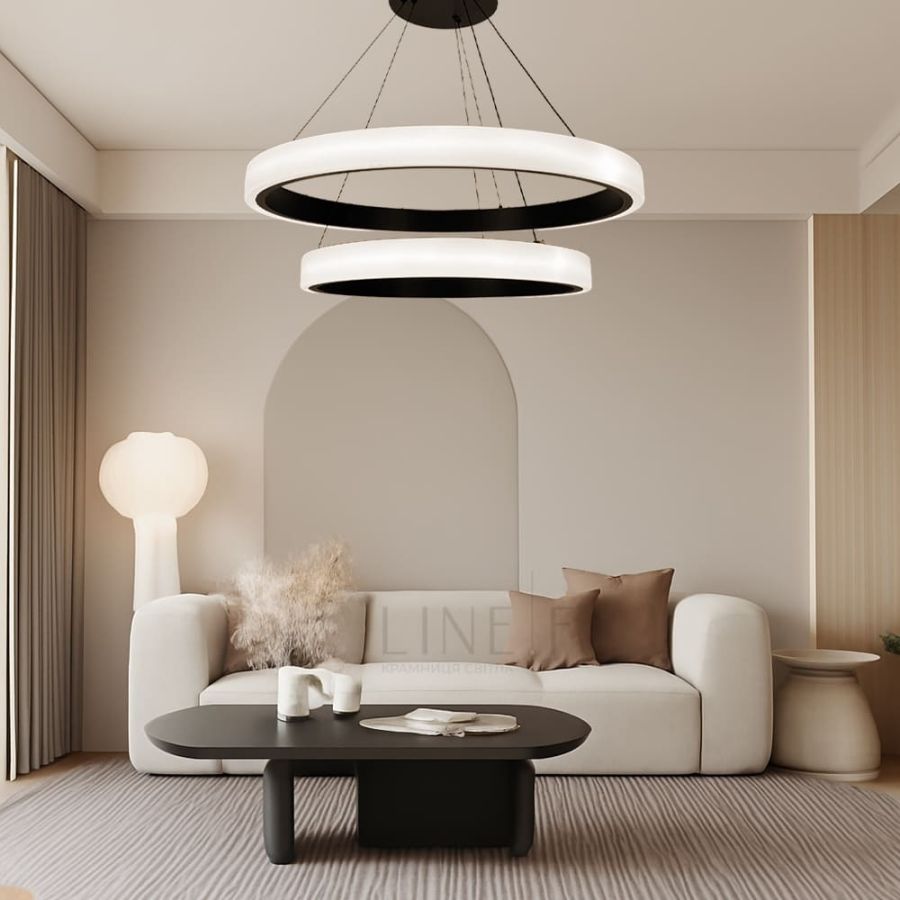 LED люстра підвісна в подвійному кільцевому чорному корпусі Ø 70+50 см
