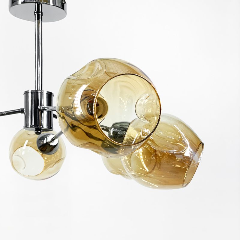 Стельова люстра в хромі на 6 янтарних плафонів