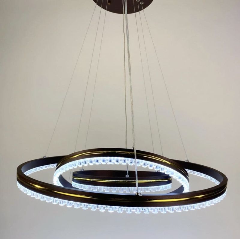 LED люстра кольору coffee на 3 кільця з золотистою смужкою